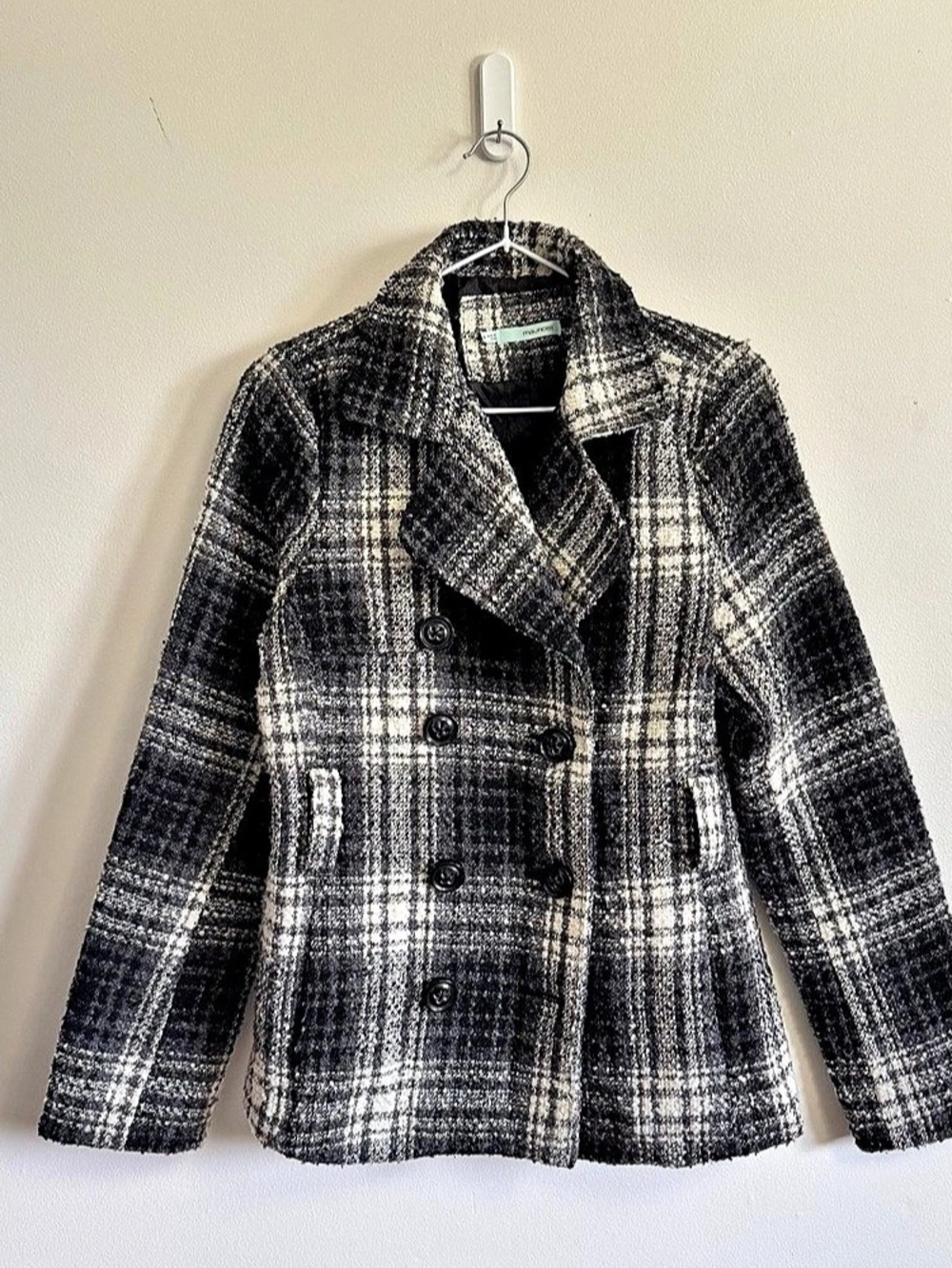 maurices Plaid Pea Coat in Black & White Size Medium Like New